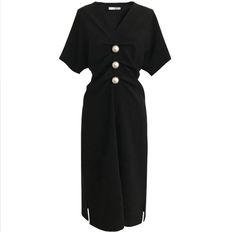 

Johnature 2021 Summer Short-sleeve V-neck Empire Knee-length Solid Color Dress New Pleated Pearl Straight Elegant Women Dress