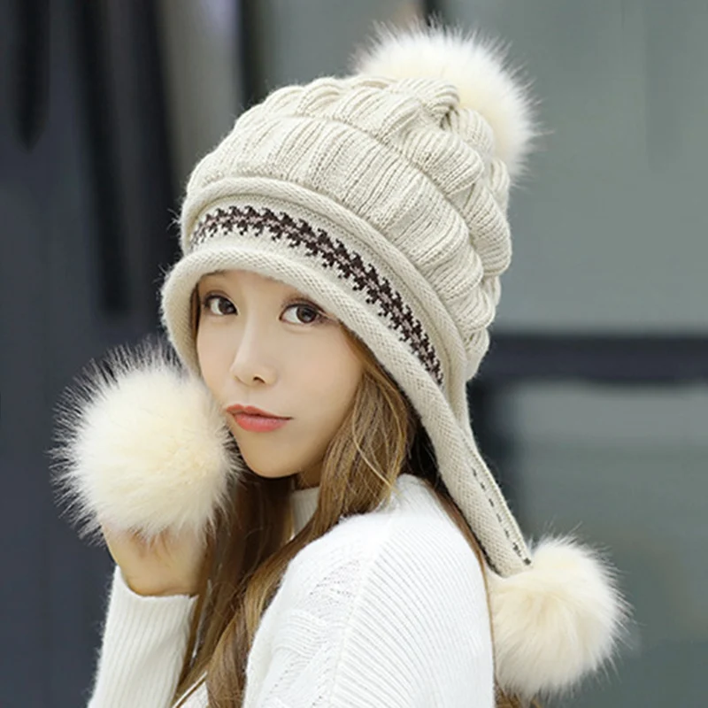 

Girl Warm Ski Hat Knit Hat Winter Women Wool Beanie Hat Thick Skullies Female Cap 2020 New Winter Hat