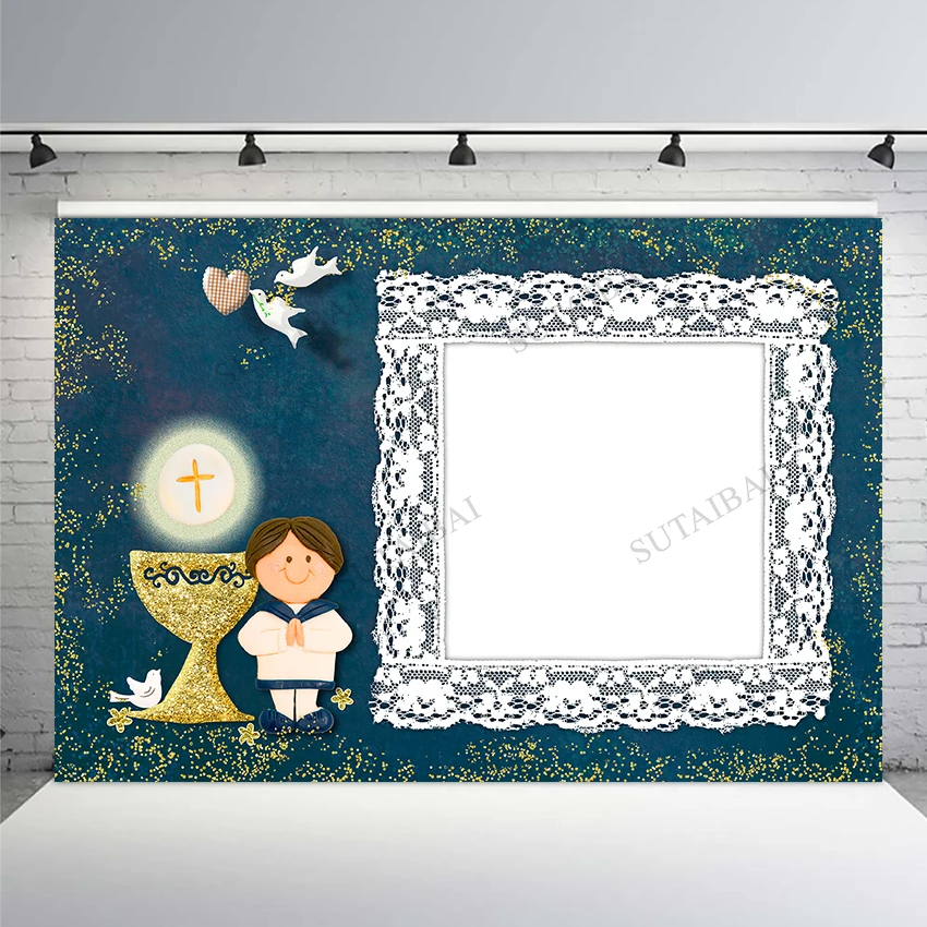 

Welcome To First Communion Photography Backdrop Custom Child Party Decor Blue Background Cross White Pigeon Photocall Prop