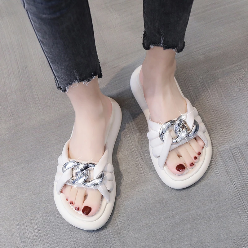 

Summer Women's Slippers Casual Simple Vamp Personalized Buckle Design Fashionable Home Open-toed Flat-Bottom Women's Slippers
