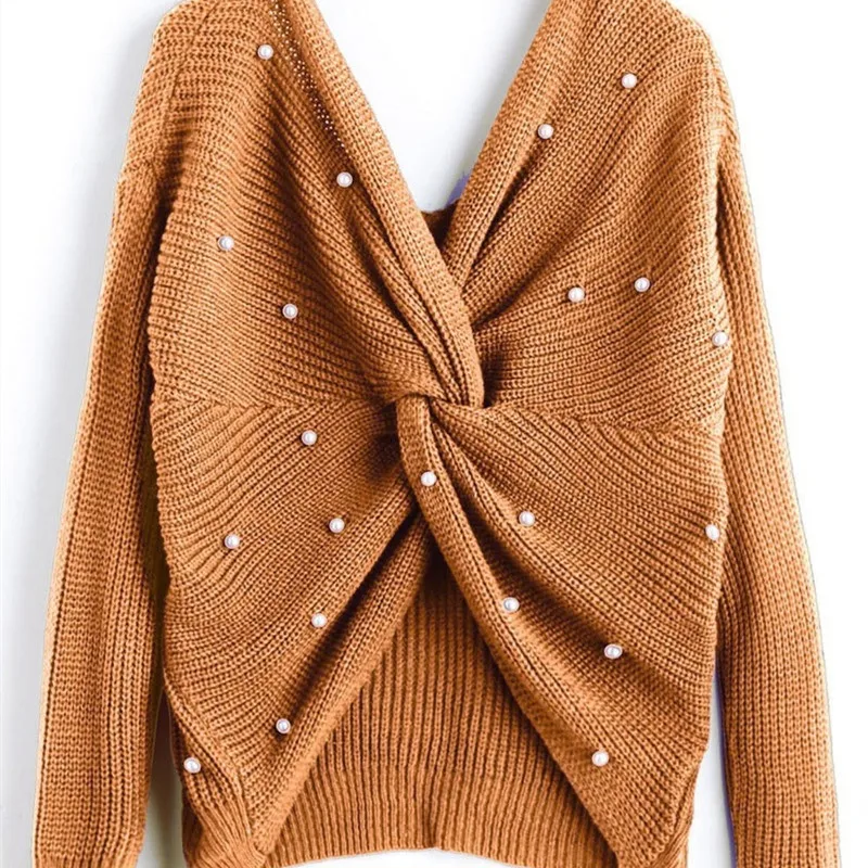 Женский трикотажный пуловер с V-образным вырезом длинным рукавом и открытой