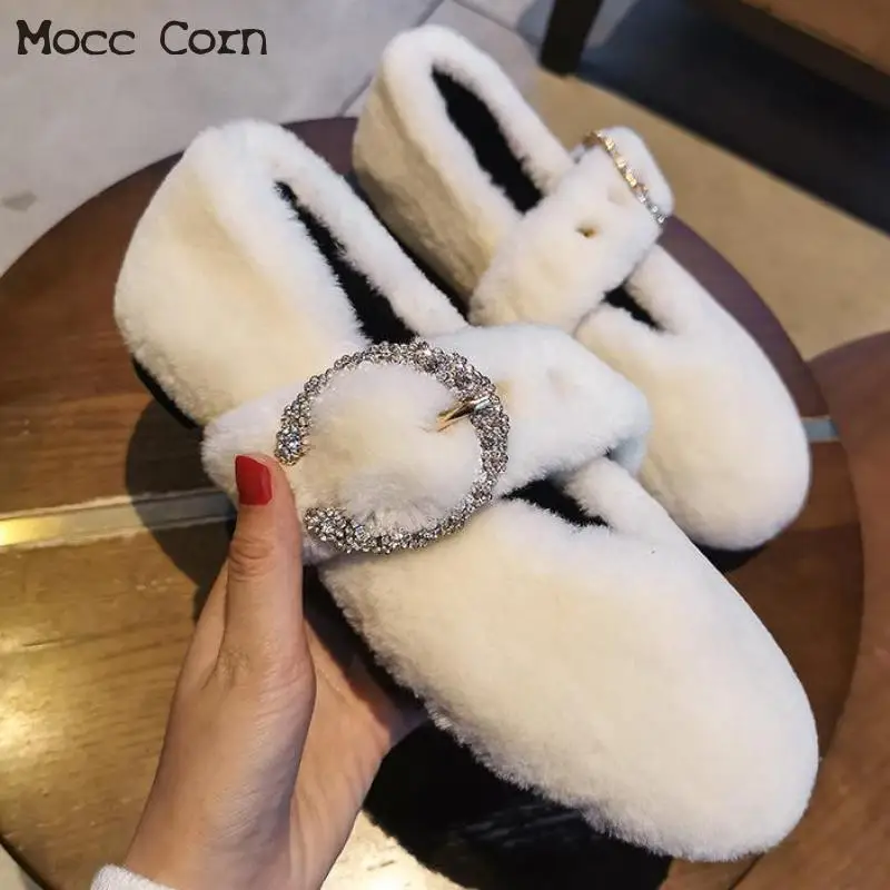 Балетки женские с кристаллами плюшевые плоская подошва меховые теплые без