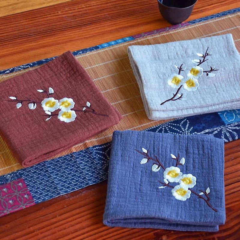 

PINNY 100% Cotton Plum Bossom Tea Towel Chinese Kung Fu Tea Accessories Hand Embroidery Strong Water Absorption