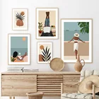 В форме листа, в стиле бохо пляж девушка Тропическое растение книга ванная настенная Картина на холсте плакаты и принты настенные картины для декора гостиной