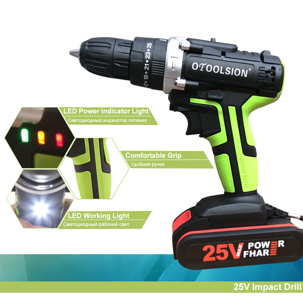 25V 48N.m Impact Battery Drill Cordless Screwdriver Power Tools Impact Electric Screwdriver Electric Impact Drills+27 Pcs Parts