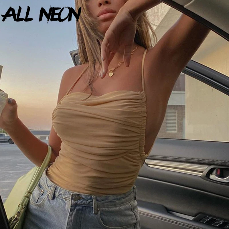 

ALLNeon Fashion Criss-Cross Lace Up Ruched Mesh Bodysuits E-girl Sexy Solid Spaghetti Strap Bandage Backless Rompers Partywear