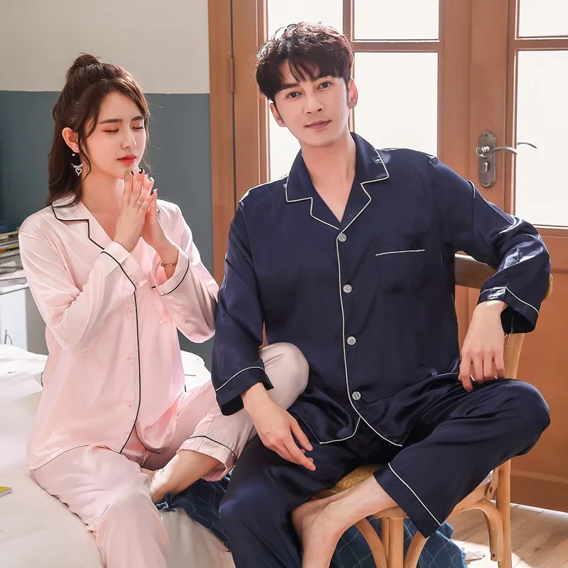 

Spring Sumer nightgown men's couple imitation silk women's long-sleeved pajamas silk home clothes sleepwear nightdress