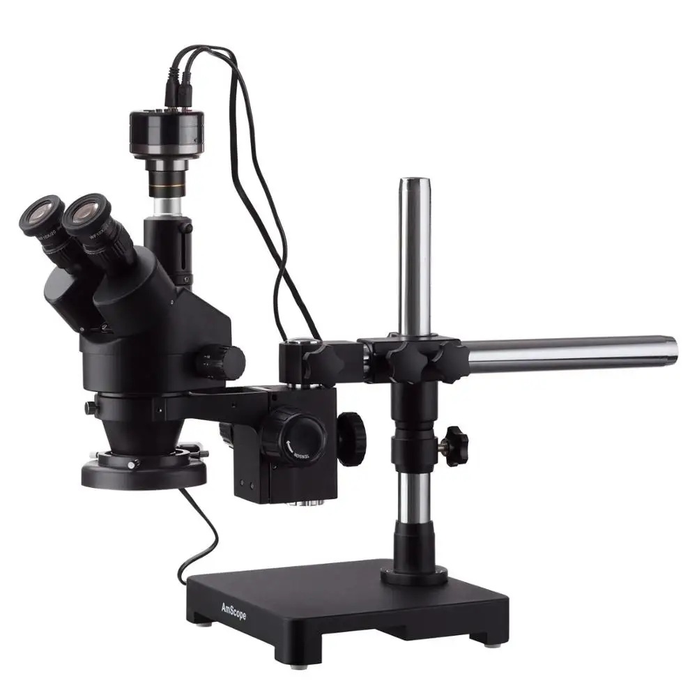 

AmScope 7X-90X Black Trinocular Stereo Zoom Microscope on Single Arm Boom Stand with 80-LED Ring Light & HD Recording Camera