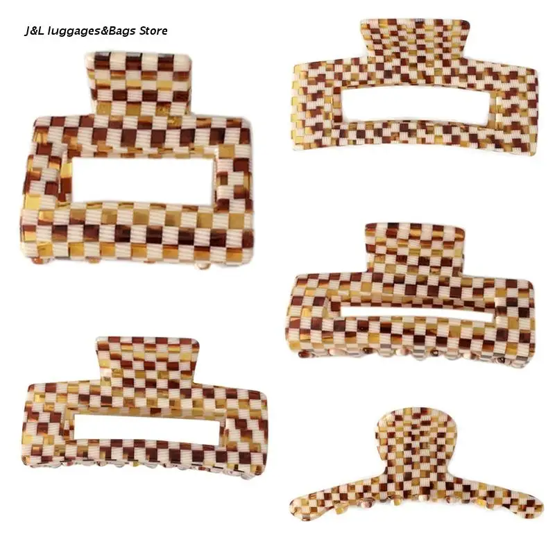 

M68C Geometric Acetate Hair Claw Clip Vintage Coffee Plaid Hollow Out Barrette Clamp