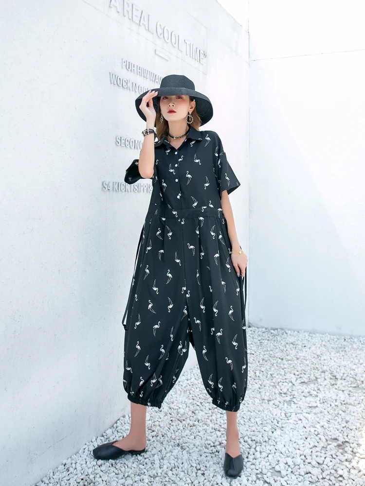 

QING MO Women Crane Printed Jumpsuits 2021 Women Temperament Jumpsuits Female High Elastic Waist Jumpsuits Black ZQY6592