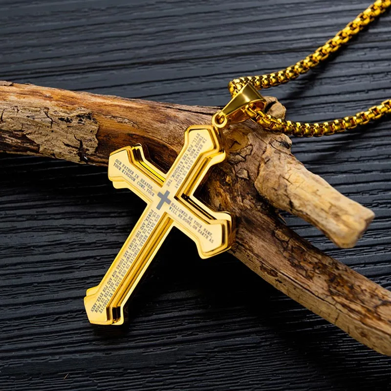 Мужское трехуровневое Библейское ожерелье с крестом из нержавеющей стали черное