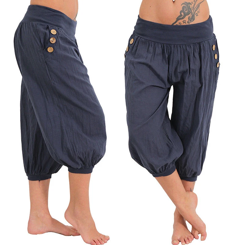 

Harem Pants Solid Buttons Summer Women Calf -length Pants 2021 Casual Loose Plus Size 5XL Trouser Pantalones De Mujer JK1193