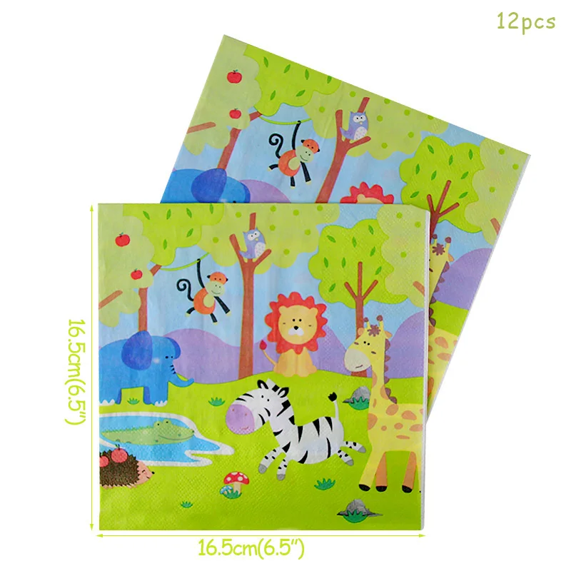 12pcs napkins Вечерние одноразовые стаканчики в стиле джунглей для вечеринки в честь Дня рождения, украшения для детей, милые животные, принадлежности для душа для малышей - Цвет: 12pcs napkins