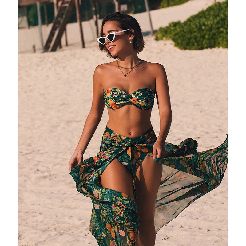 2021 New Bikini Set Beach Skirt Tunics for Beach Long Leaves Print Bikini Cover up Robe de Plage Sarong Beach Swimsuit cover-ups