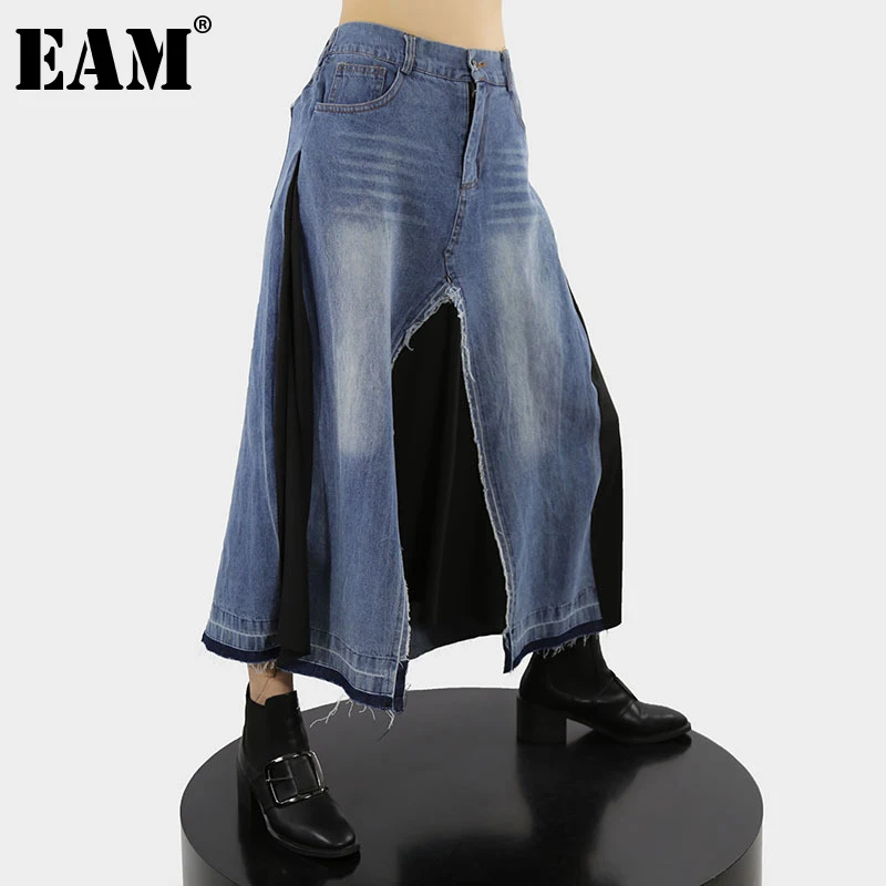 

[EAM] синяя джинсовая Асимметричная длинная повседневная юбка с высокой эластичной талией, женская модная весенне-осенняя Новинка 2022 1DE4603