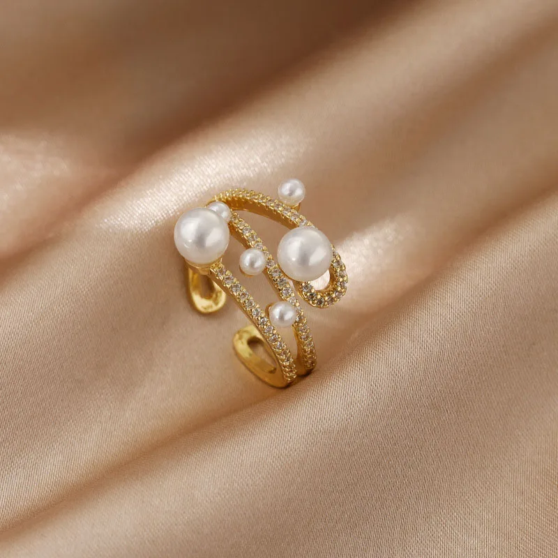 

Роскошное и изысканное трехслойное Золотое регулируемое кольцо с жемчугом для женщин ювелирные изделия в готическом стиле корейские модны...