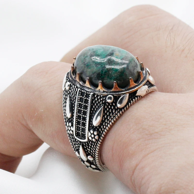 

Turkish Jewelry 925 Sterling Silver Men's Ring Natural Phoenix Stone & Black CZ Ring Water Drop Design for Male Fine Jewelry