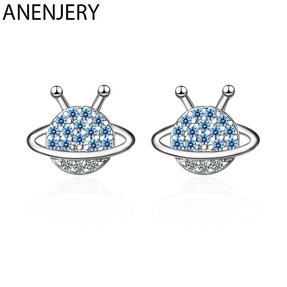 ANENJERY 925 пробы серебряные Простые микро циркониевые синие серьги планета для