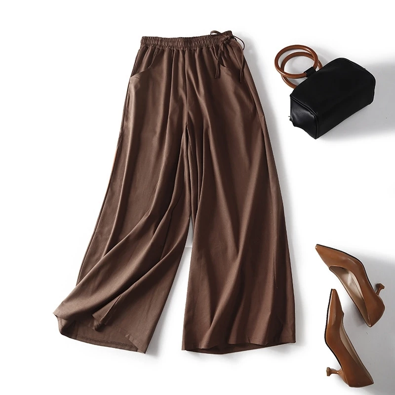 

Wide Leg Women Pants 100%real Silk Crepe Solid Elastic Waisted Long Pants Office Lady Spring Summer Trousers New Black