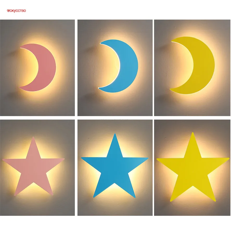 

Children Cartoon Moon Star Colorful Iron Led Wall Lamp For Kids Study Kindergarten Baby Bedroom Bedside Sleeping Night Lights