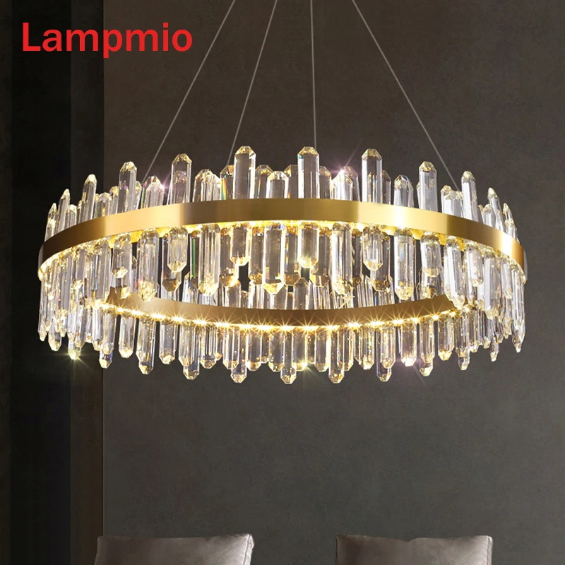 

Lampmio Golden Round Crystal Pendant Lights For Dining Room 80 60 50 40CM Hotal Hall Villa Lustres LED Wire Hanglamp