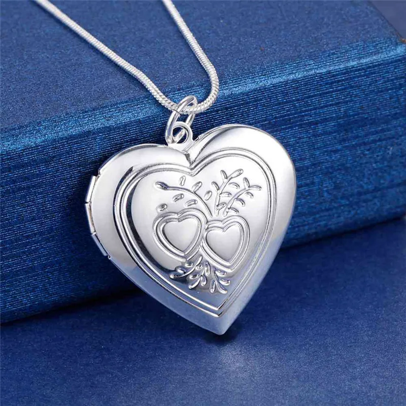 

Silver Plated Photo Frame Pendant Necklace Snake Chain Women's Charm Wedding Fashion Jewelry Promise Girl Memorial Necklace