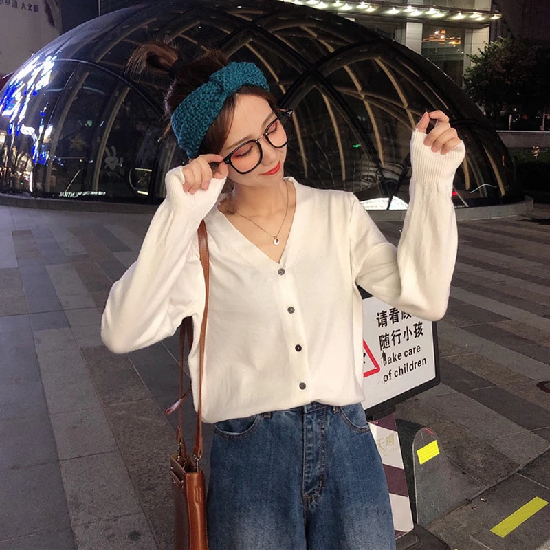 

Women's Sweaters 2020 Spring New Knitted Sweater Cardigan Lady Elegant Thin Sweater Coat Short Long Sleeve Solid Color Jacket