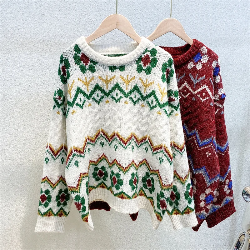 

Рождественский свободный утепленный свитер с круглым вырезом и цветами, женский осенне-зимний вязаный пуловер 2022, милые повседневные топы