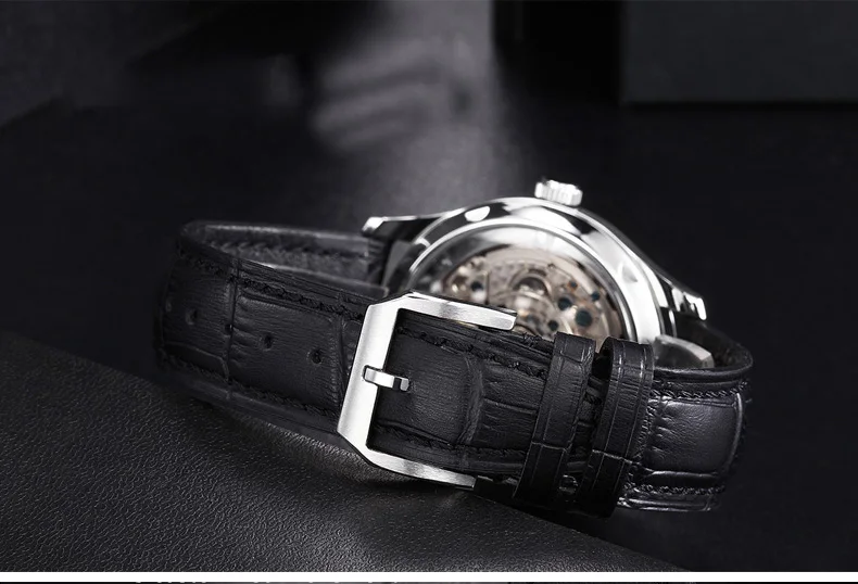 Parnis 43mm Silver Case Automatic Mechanical Men's Watch Power Reserve Black Leather Strap Men Watches heren horloge Luxury