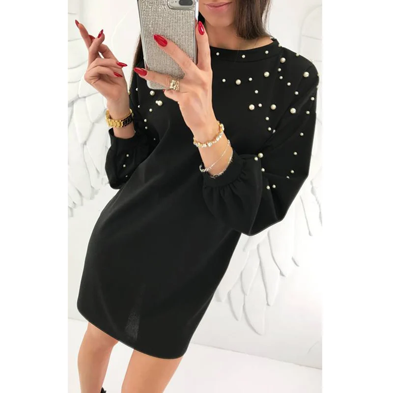 

Beaded Mini Dress Women Long Sleeve Fall Casual Round Neck Sheath Dress AM1546