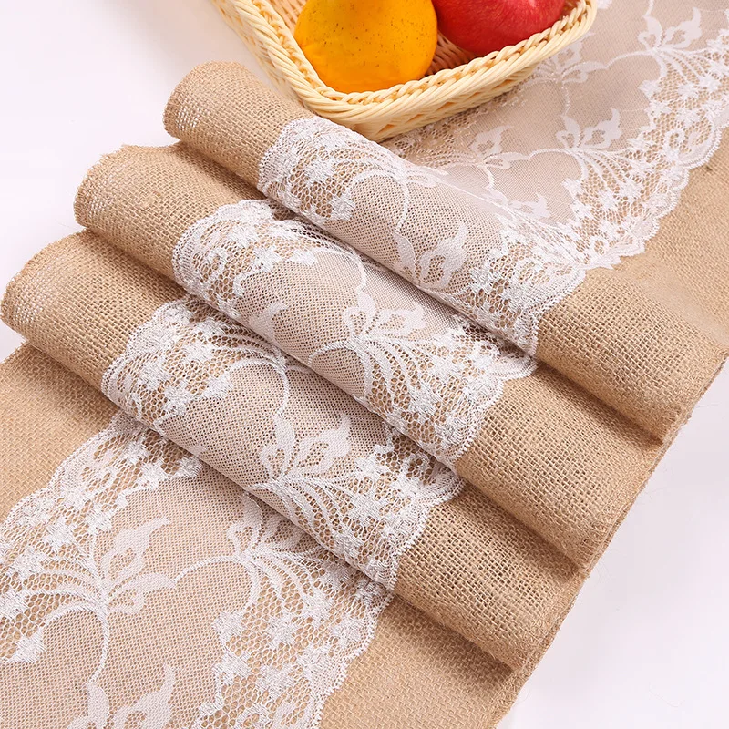 

Vintage Natural Burlap Jute Linen Table Runner Home Christmas Wedding Party Chemin Table Runners for Dining Room Restaurant