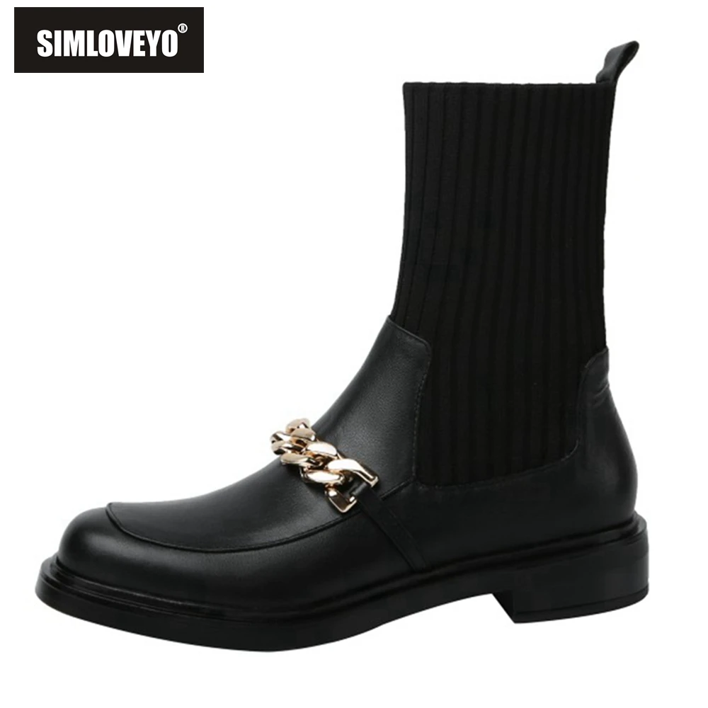 

SIMLOVEYO Winter Retro Square Toe Boots Genuine Leather Metal Chain Knitting Woolen Tube Sock Boot Women 2021 Fashion Stretchy