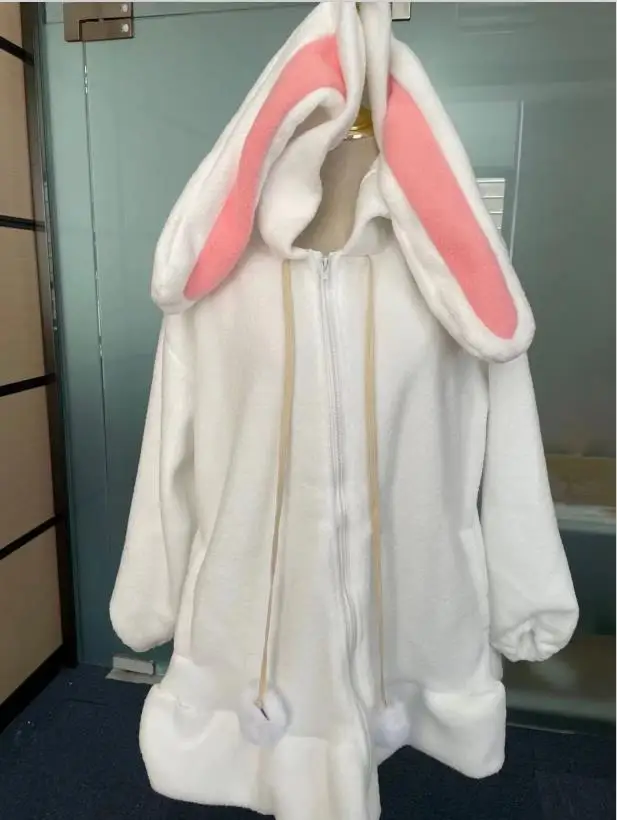 Kawaii Rabbit Ears Hooded Coats Japanese Korean Girl Warm Women Jacket Fall Winter New Sweet Soft Lambswool Ruffles Parkas White