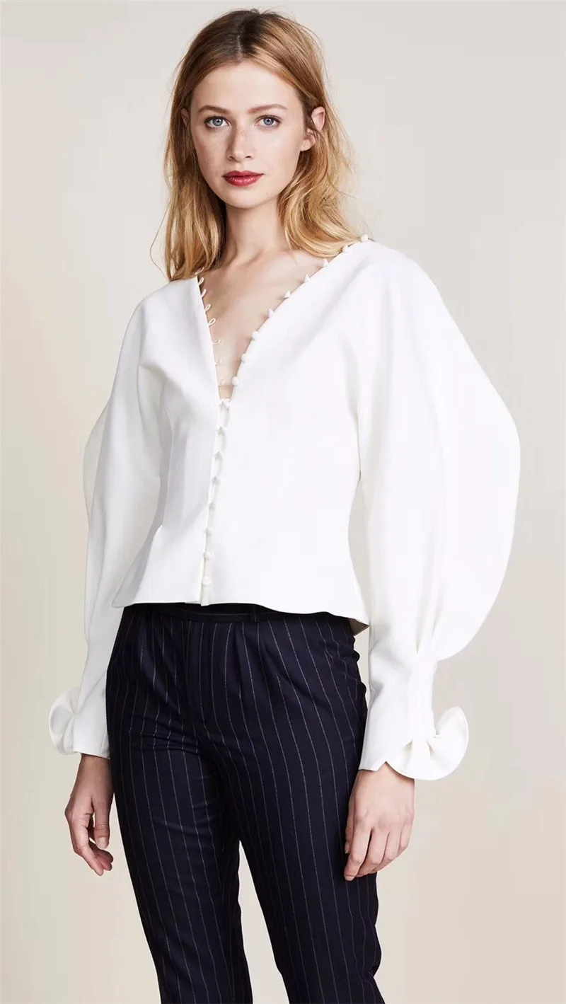 

Дворца с трехмерной аппликацией в виде листка лотоса с V образным воротником Блузка Женская хлопчатобумажная Повседневная Толстовка белого цвета женская обувь