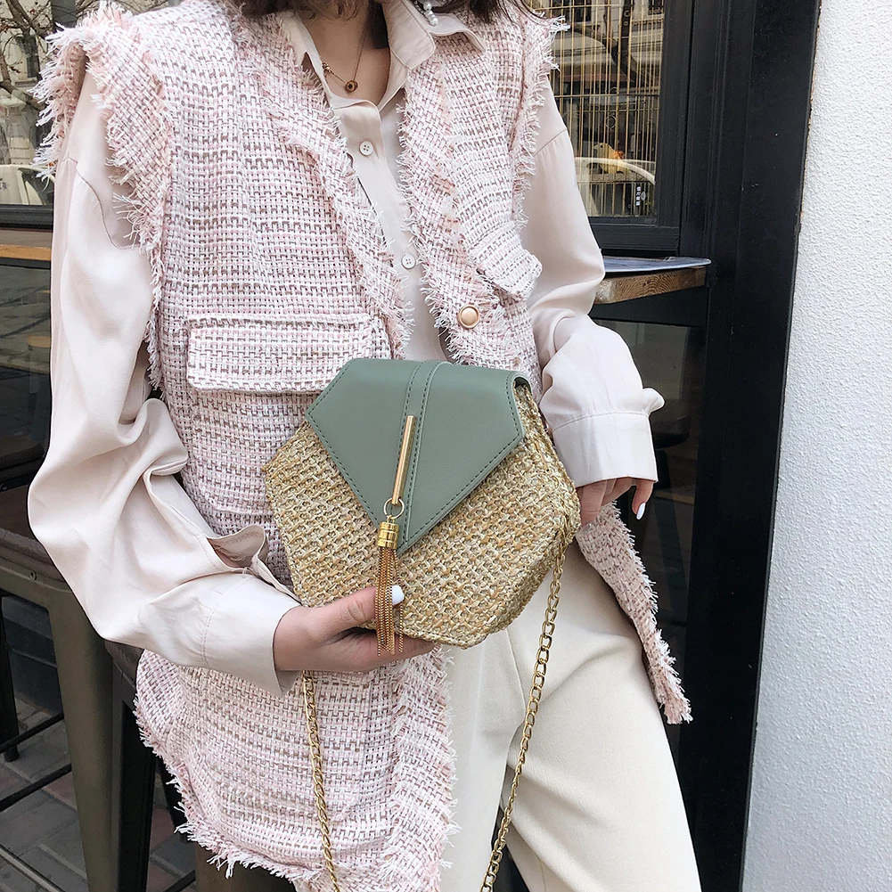 Сумка на ремне для женщин стильная шестиугольная Плетеная соломенная и кожаная