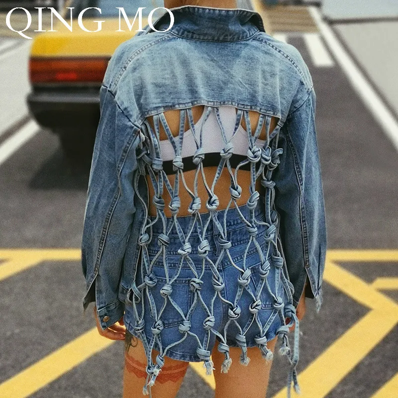 Женское джинсовое пальто QING MO синее в уличном стиле с открытой спиной 2019