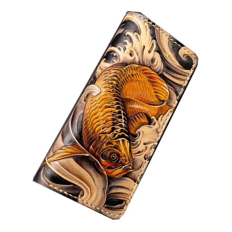 

Handmade Wallets Carving Arowana Purses Women Men Long Clutch Vegetable Tanned Leather Wallet Card Holder