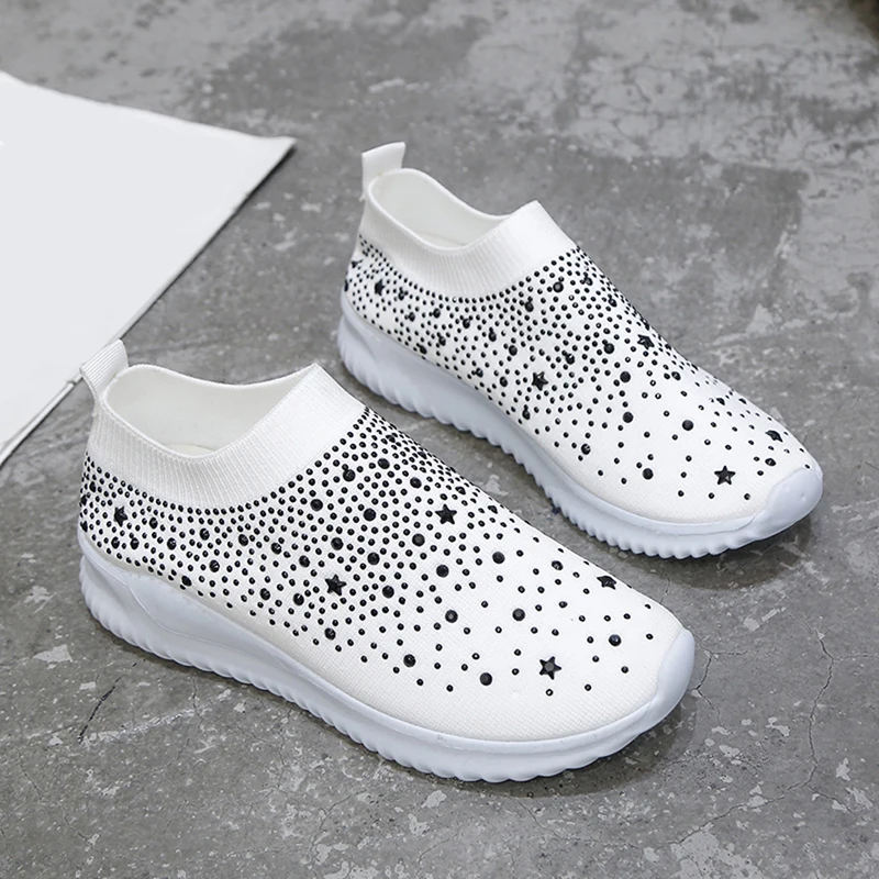 

Vulcanized Shoes Sneakers Women Trainers Knitted Sneakers Ladies Slip-on Sock Shoes Sparkly Crystal Zapatillas Mujer Casual