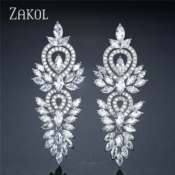 White Gold Color ZAKOL, винтажные Свадебные украшения в виде листьев, аксессуары, кубический цирконий, большие длинные роскошные свадебные Висячие серьги для женщин, FSEP2181 - Окраска металла: White Gold Color
