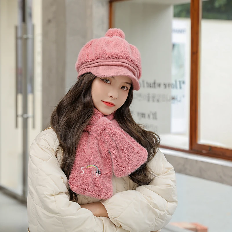 

2021 new octagon hat high quality rabbit adult hat ladies Berret dress with a neck hat two-piece snow winter outdoor warmth
