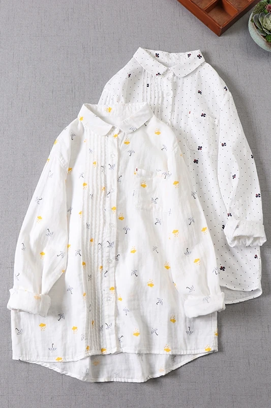 

Mori fresh cotton double layer yarn printed shirt loose Long Sleeve Shirt casual wear