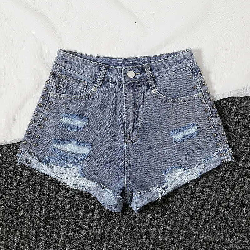 

2021 Women Spring Summer Vintage Denim Shorts Ladies Hole High Waisted Wide Leg Loose Jean Shorts Female Casual Slim Shorts G429