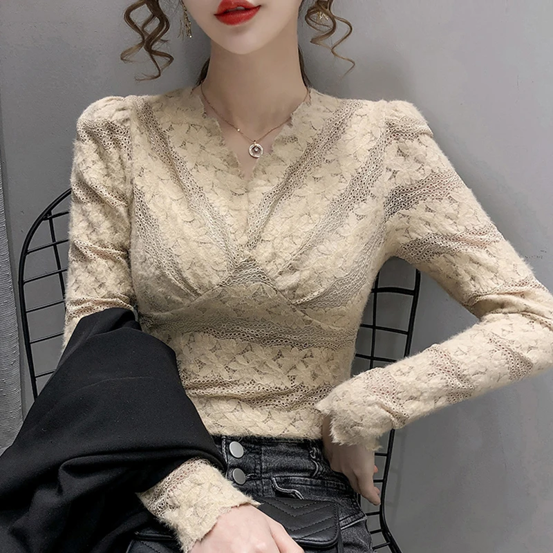 

Autumn Women Apricot Lace Blouse Shirt Women Tops Long Sleeve V-Neck Blouse Women Blusas Mujer De Moda 2022 Blouses Femme F214