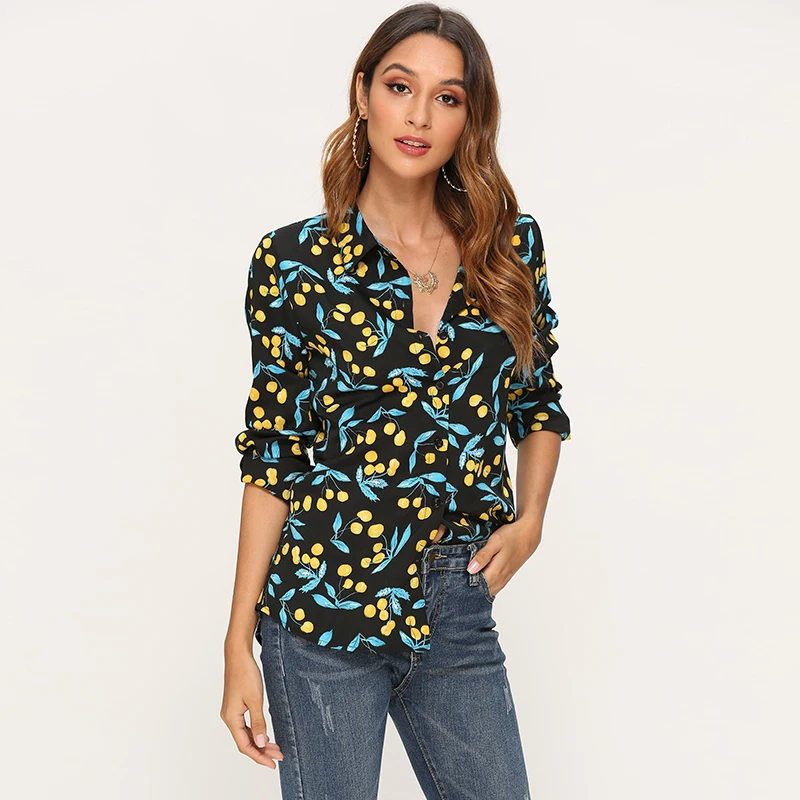 2019 новые осенние модные женские топы с принтом и блузки отложным воротником