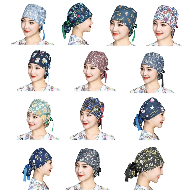 

Women Floral Working Bouffant Cap with Buttons Sweatband Adjustabe Ribbon Tie Ponytail Turban Scrub Hat Long Hair Cover