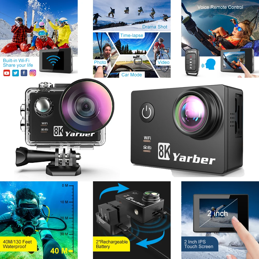 Спортивная Экшн-камера Yarber 8K Wi-Fi 4K 60fps велосипедный шлем s 40 м Водонепроницаемая