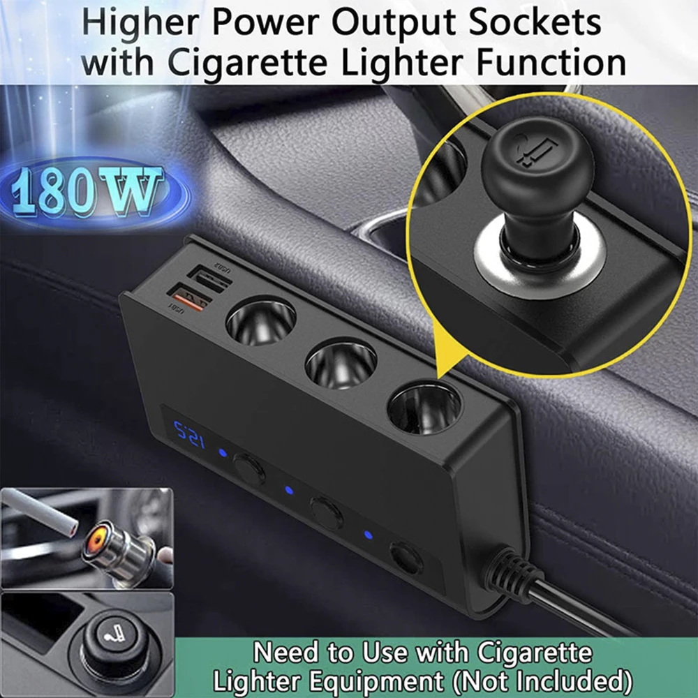 

Car Power Adapter Cigarette Lighter QC 3.0 Adapter 180W for GPS/DashCam/Phone/iPad 12V/24V 3-Socket Splitter 4 USB Ports