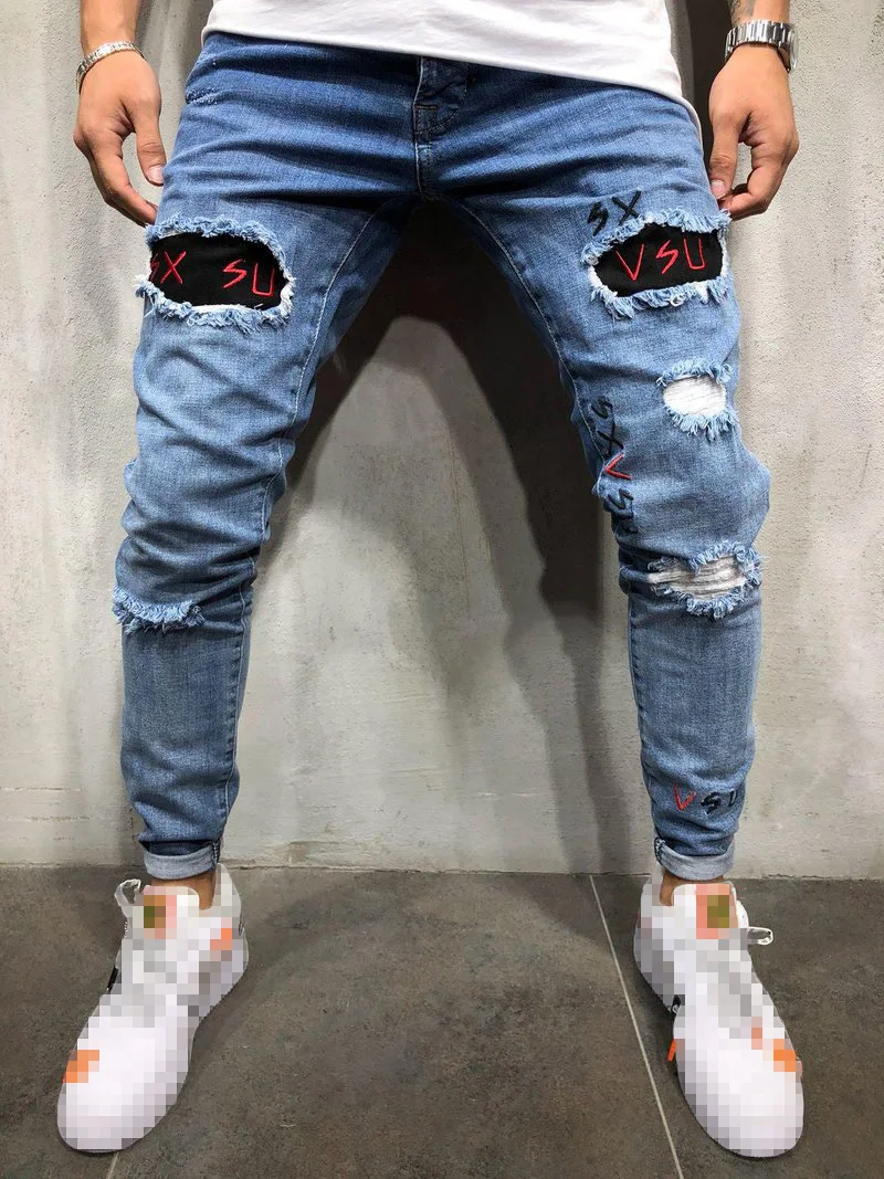 Men Jeans Fashion Letter Embroidery Stretch Destroyed Frayed Denim Pants Male Casual Skinny Blue Ripped Jeans Pantalones