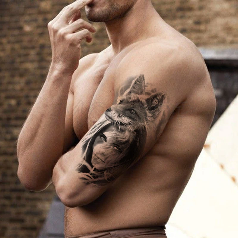 Временные тату наклейки черная голова лисы девушка Рид поддельные татуировки