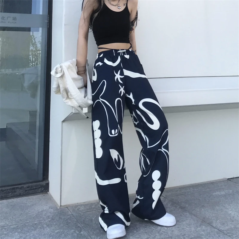 

Vintage Streetwear Hip Hop Printing High Waist Women Pants 2021 Autumn Winter Oversized Y2k Chic Causal Wide Leg Trousers
